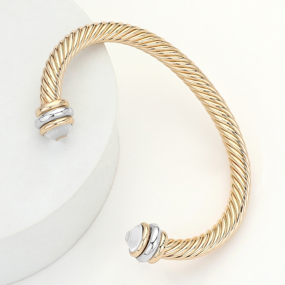 Gold Clear Stone Tip Twist Rope Cable Cuff Bracelet Bangle Textured Metal